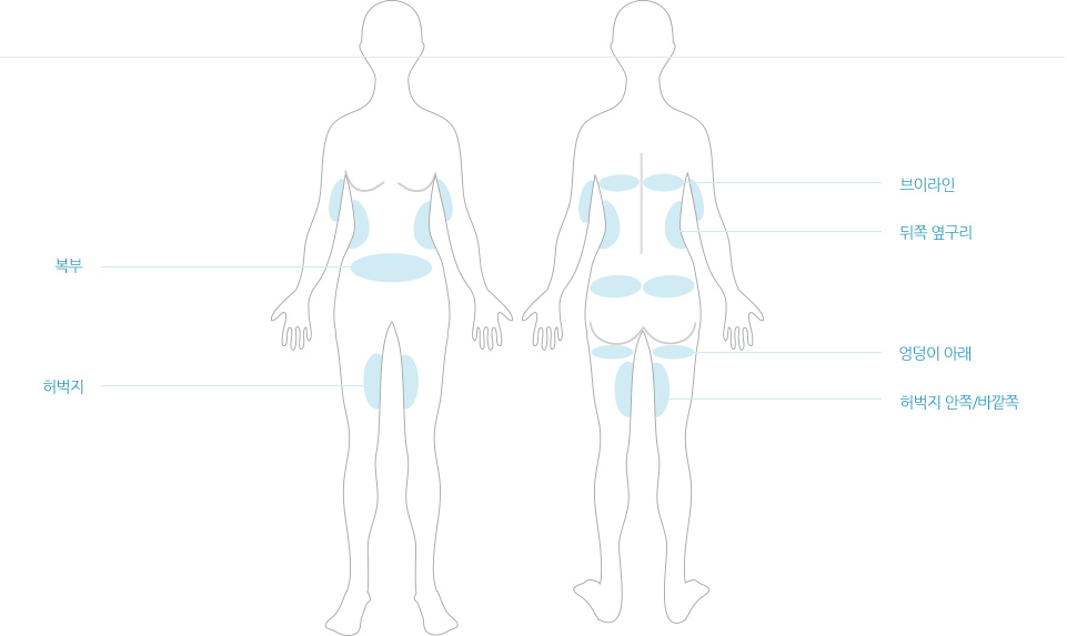 복부, 허벅지, 브이라인, 뒤쪽 옆구리, 엉덩이 아래, 허벅지 안쪽, 바깥쪽